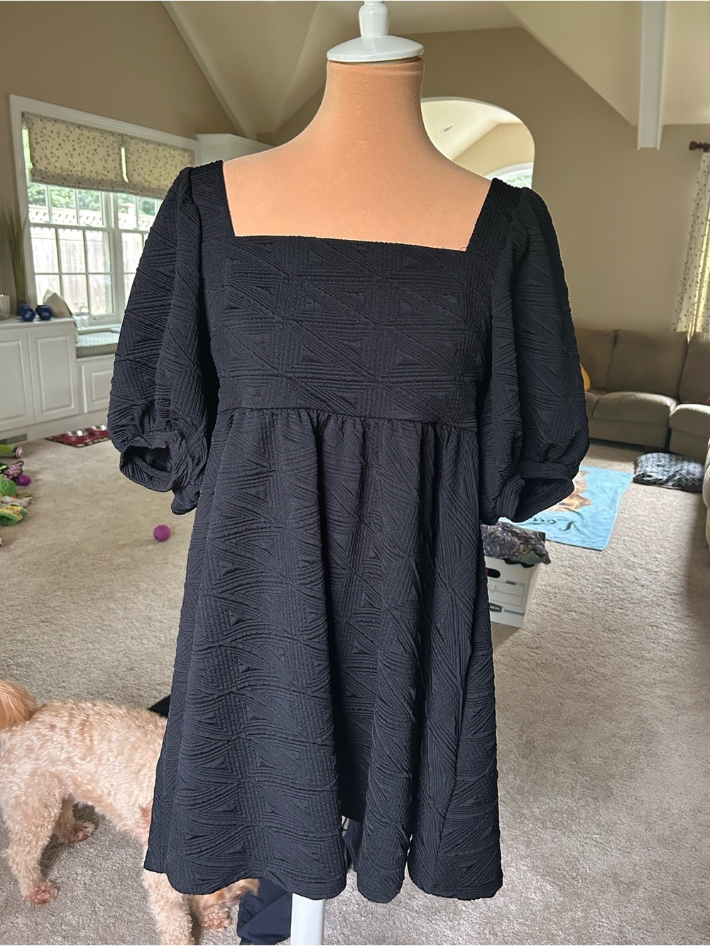 Free People Black Textured Square-Neck Puff Sleeve Dress